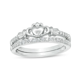 0.18 CT. T.W. Diamond Claddagh Bridal Set in 10K White Gold