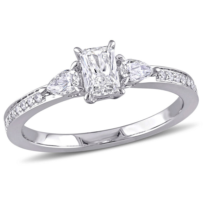 0.61 CT. T.W. Emerald-Cut and Pear-Shaped Diamond Three Stone Engagement Ring in 14K White Gold|Peoples Jewellers