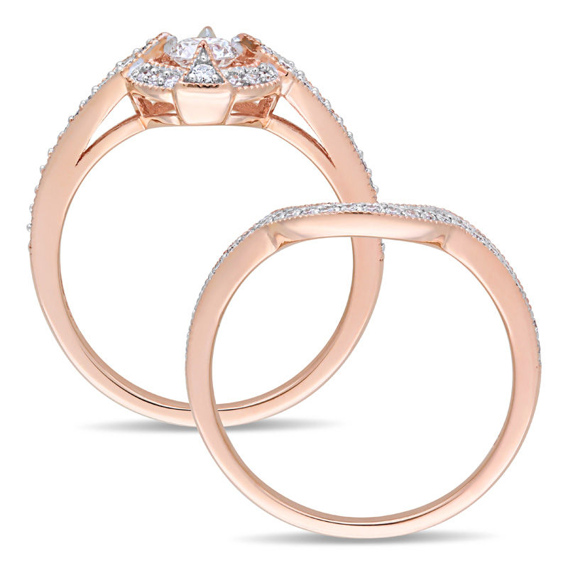 Main Image 3 of 0.73 CT. T.W. Diamond Frame Vintage-Style Bridal Set in 10K Rose Gold
