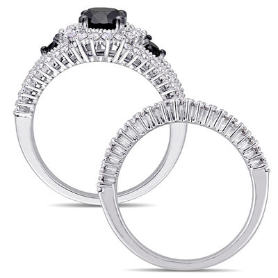 2.01 CT. T.W. Enhanced Black and White Diamond Three Stone Bridal Set in 10K White Gold