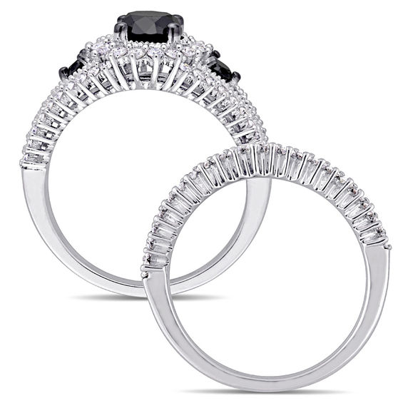 2.01 CT. T.W. Enhanced Black and White Diamond Three Stone Bridal Set in 10K White Gold