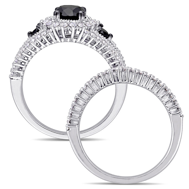 2.01 CT. T.W. Enhanced Black and White Diamond Three Stone Bridal Set in 10K White Gold
