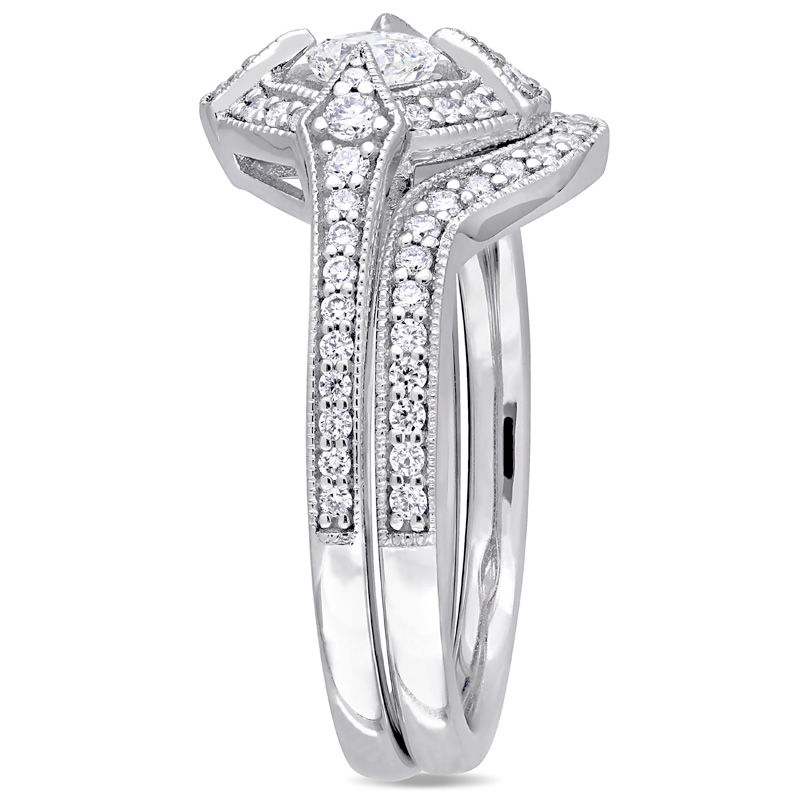Main Image 2 of 0.73 CT. T.W. Cushion-Cut Diamond Tilted Frame Vintage-Style Bridal Set in 10K White Gold