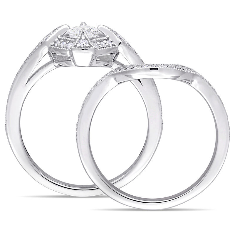 Main Image 3 of 0.73 CT. T.W. Cushion-Cut Diamond Tilted Frame Vintage-Style Bridal Set in 10K White Gold