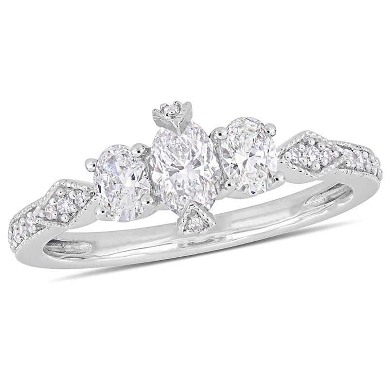 0.89 CT. T.W. Oval Diamond Three Stone Vintage-Style Engagement Ring in 14K White Gold