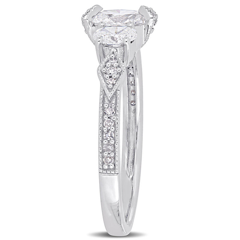 Main Image 2 of 0.89 CT. T.W. Oval Diamond Three Stone Vintage-Style Engagement Ring in 14K White Gold
