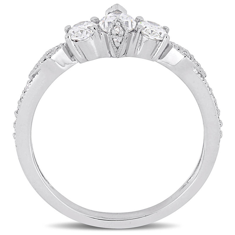Main Image 3 of 0.89 CT. T.W. Oval Diamond Three Stone Vintage-Style Engagement Ring in 14K White Gold