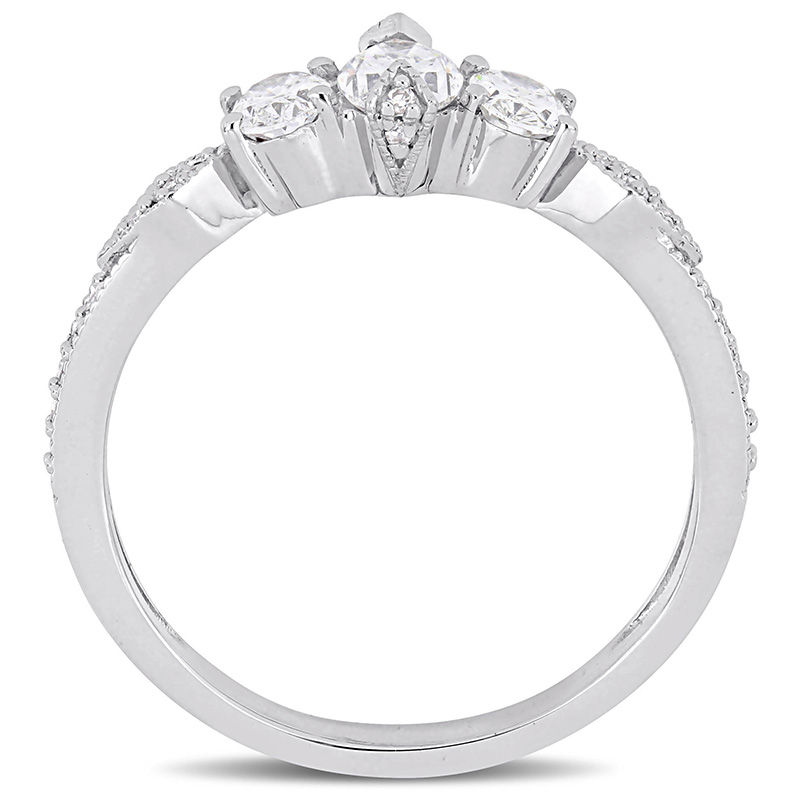 0.89 CT. T.W. Oval Diamond Three Stone Vintage-Style Engagement Ring in 14K White Gold