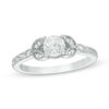 Thumbnail Image 1 of 5.0mm Lab-Created White Sapphire and Diamond Accent Leaf-Sides Vintage-Style Engagement Ring in Sterling Silver