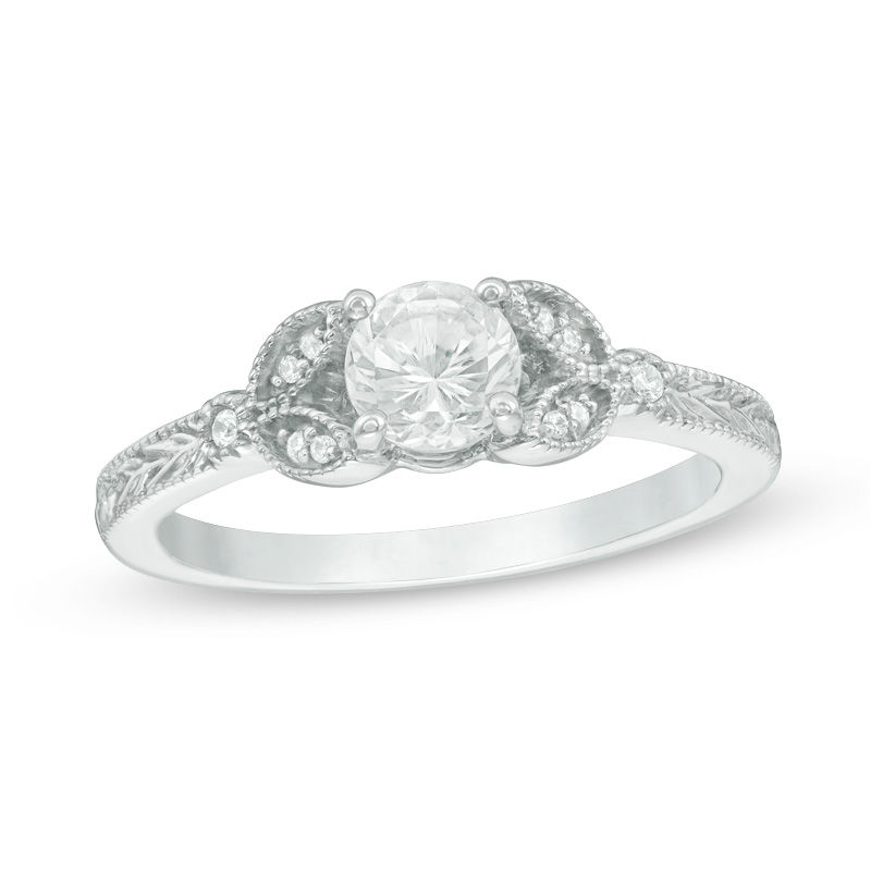 5.0mm Lab-Created White Sapphire and Diamond Accent Leaf-Sides Vintage-Style Engagement Ring in Sterling Silver