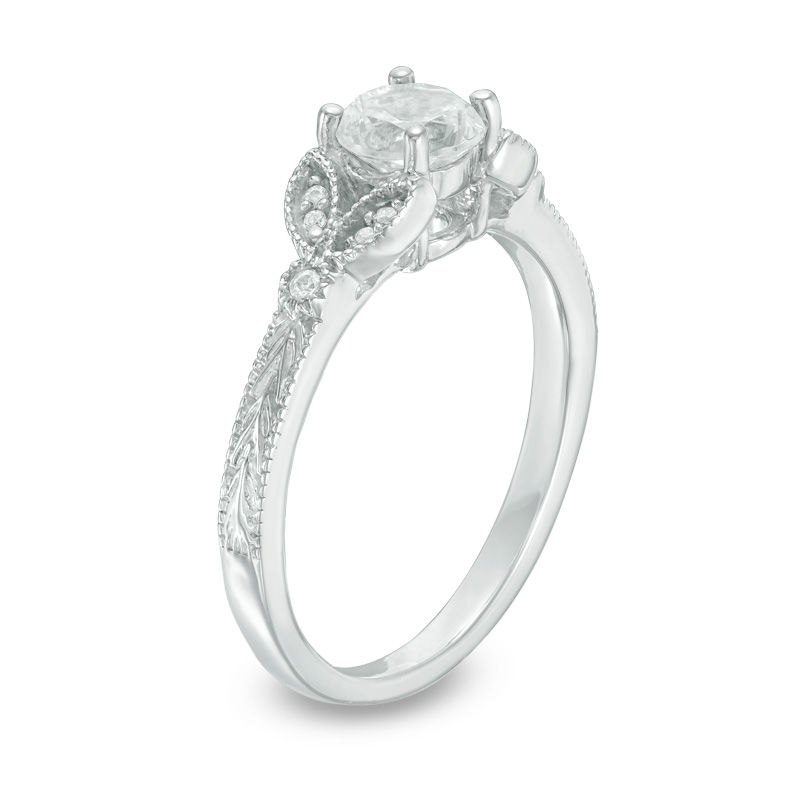 5.0mm Lab-Created White Sapphire and Diamond Accent Leaf-Sides Vintage-Style Engagement Ring in Sterling Silver