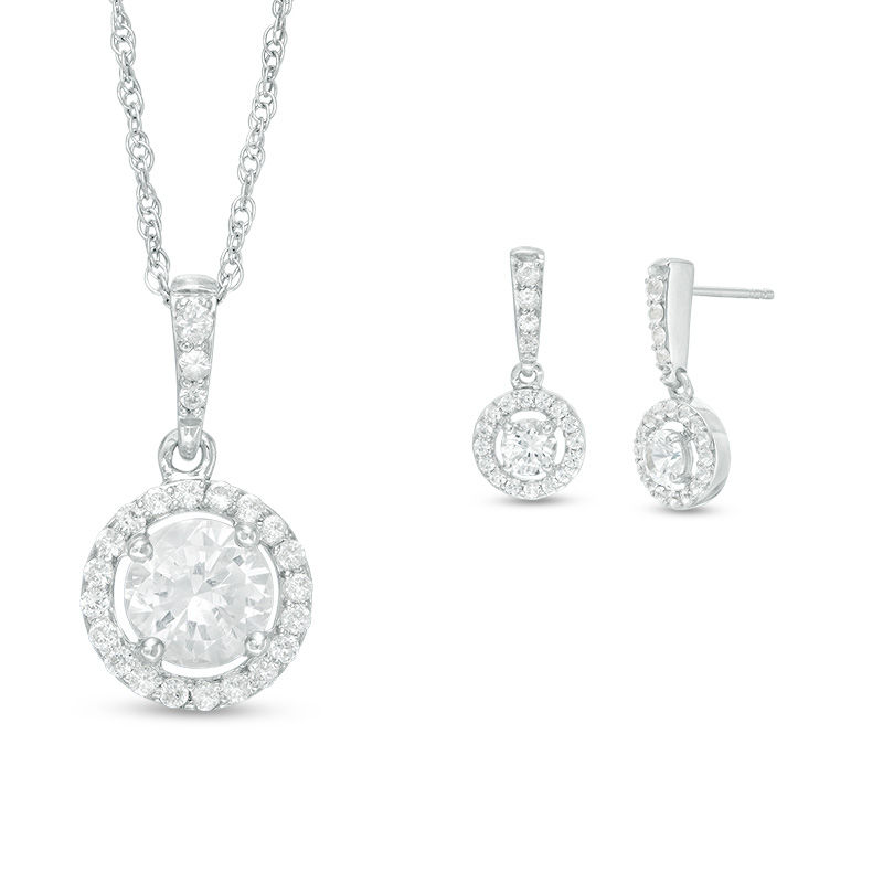 Lab-Created White Sapphire Frame Pendant and Drop Earrings Set in Sterling Silver|Peoples Jewellers