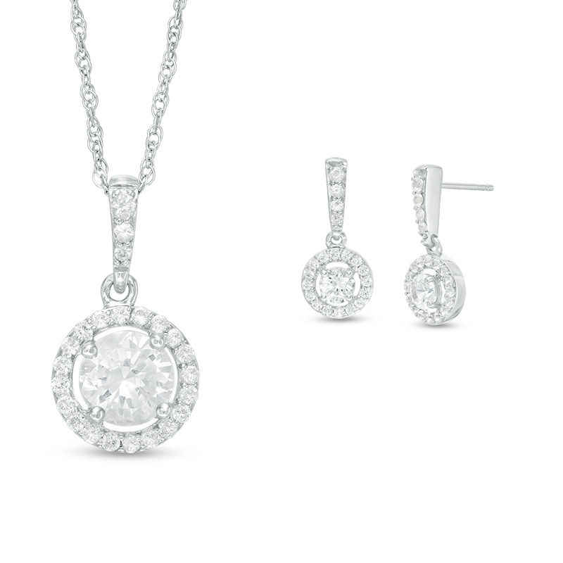 Lab-Created White Sapphire Frame Pendant and Drop Earrings Set in Sterling Silver