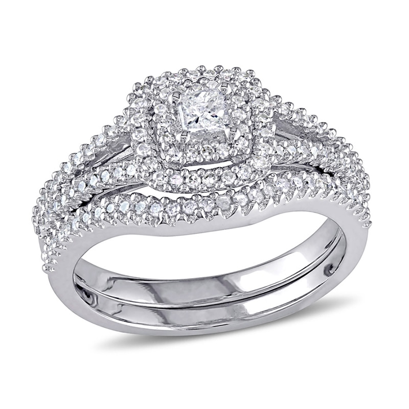 Main Image 1 of 0.47 CT. T.W. Princess-Cut Diamond Double Frame Bridal Set in Sterling Silver