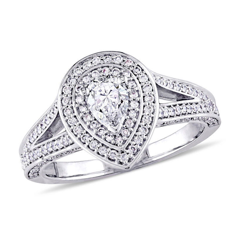 0.98 CT. T.W. Pear-Shaped Diamond Double Frame Engagement Ring in 14K White Gold|Peoples Jewellers