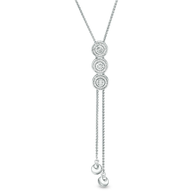 0.13 CT. T.W. Diamond Three Stone Frame Lariat-Style Bolo Necklace in Sterling Silver - 26"