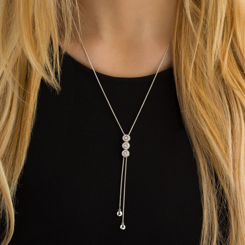 Main Image 2 of 0.13 CT. T.W. Diamond Three Stone Frame Lariat-Style Bolo Necklace in Sterling Silver - 26"