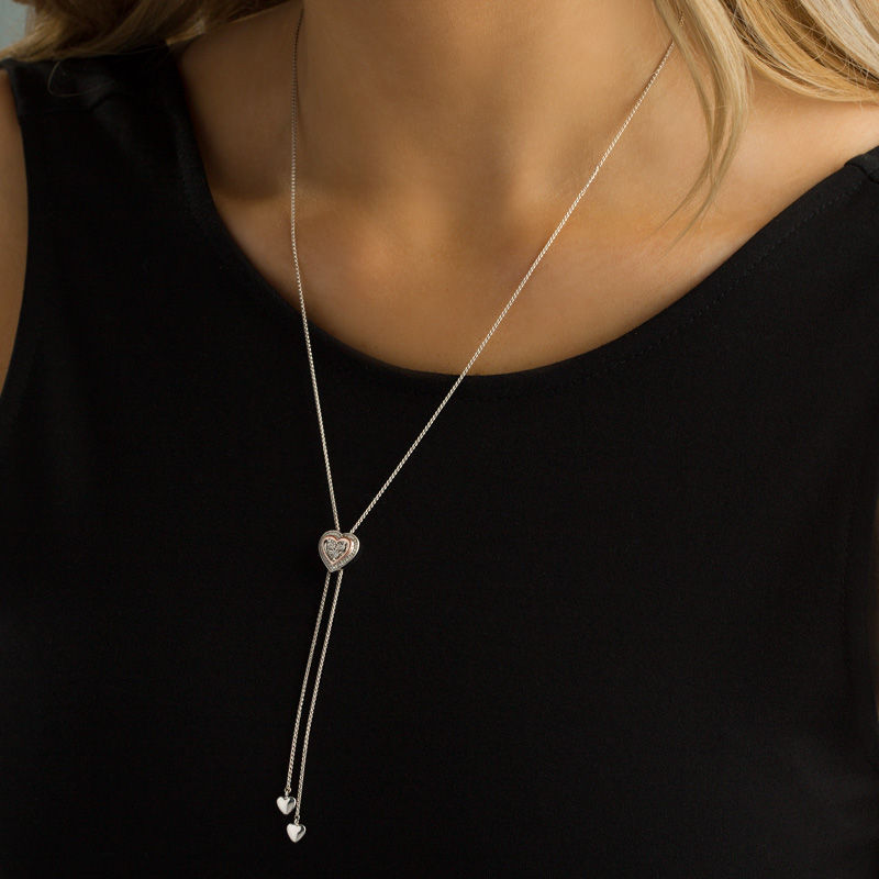 0.07 CT. T.W. Diamond Heart Frame Lariat-Style Bolo Necklace in Sterling Silver and 10K Rose Gold - 26"