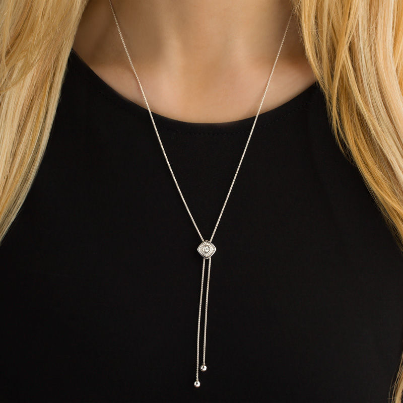0.07 CT. T.W. Diamond Cushion Frame Lariat-Style Bolo Necklace in Sterling Silver - 26"