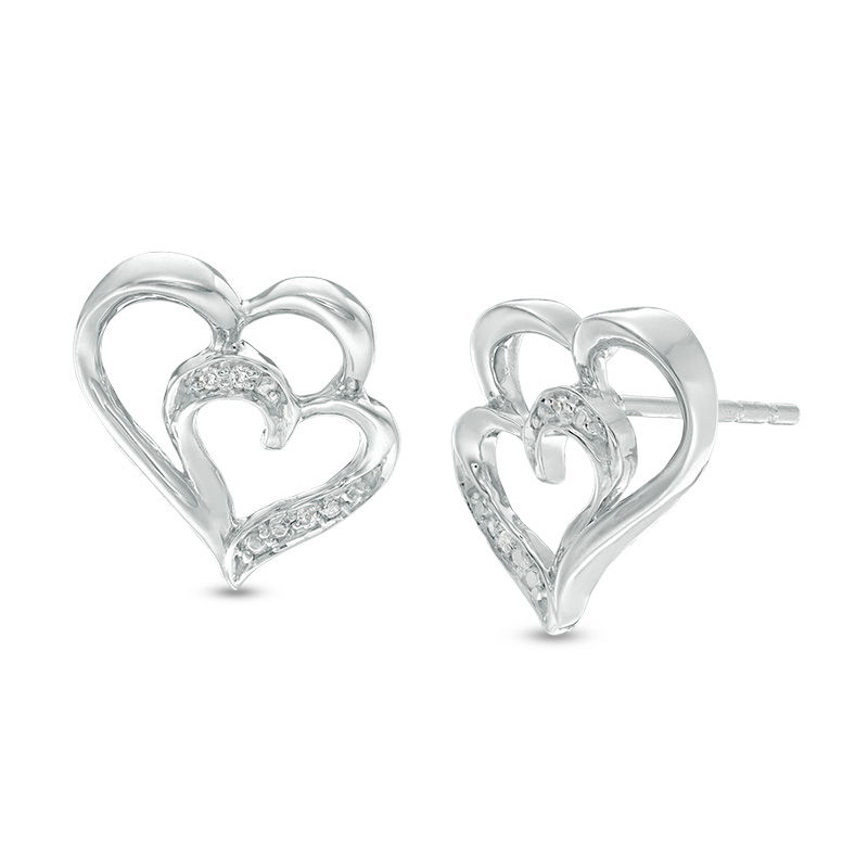 Diamond Accent Double Heart Stud Earrings in Sterling Silver