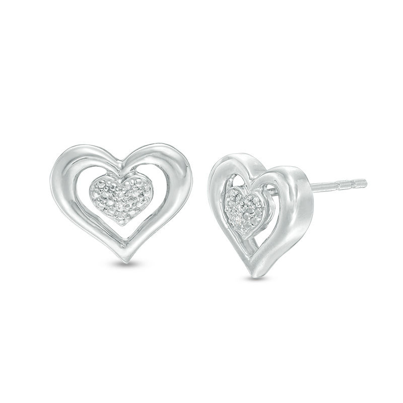 Diamond Accent Double Heart Stud Earrings in Sterling Silver|Peoples Jewellers