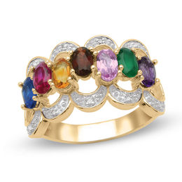 Mother's Oval Birthstone and Diamond Accent Beaded Scallop Ring (7 Stones)