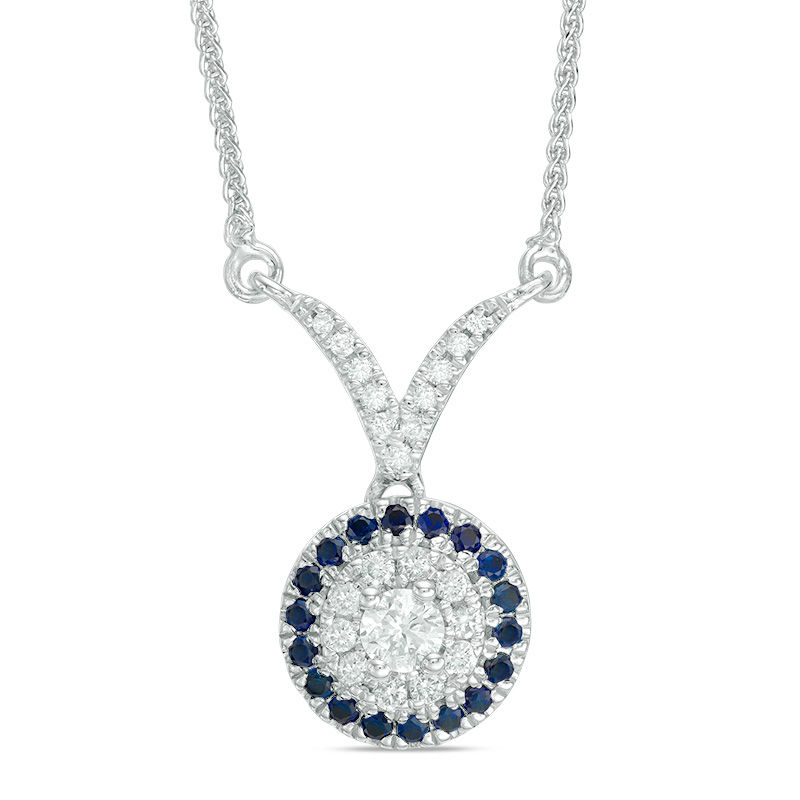 Vera Wang Love Collection 0.18 CT. T.W. Diamond and Blue Sapphire Frame Chevron Necklace in 14K White Gold - 19"