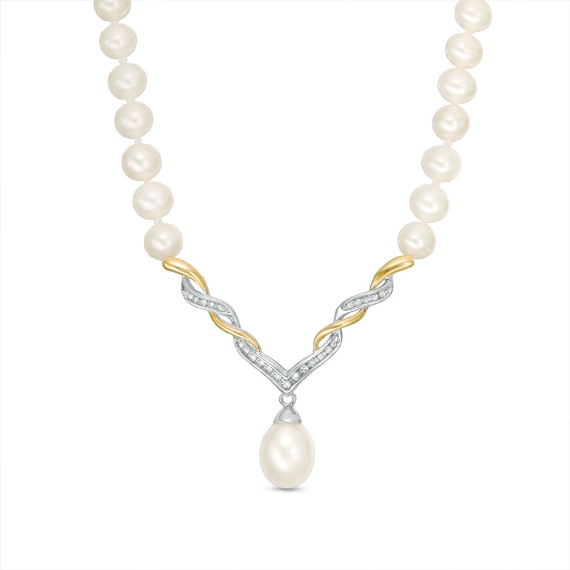 Freshwater Cultured Pearl and 0.09 CT. T.W. Diamond Necklace in Sterling Silver and 14K Gold-17"