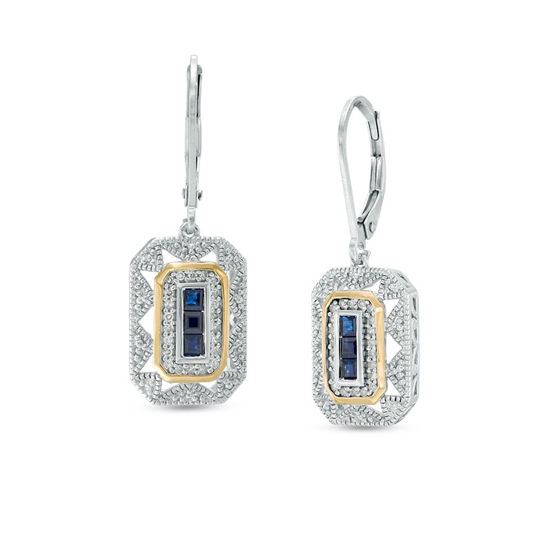 Princess-Cut Blue Sapphire and 0.12 CT. T.W. Diamond Vintage-Style Drop Earrings in Sterling Silver and 14K Gold
