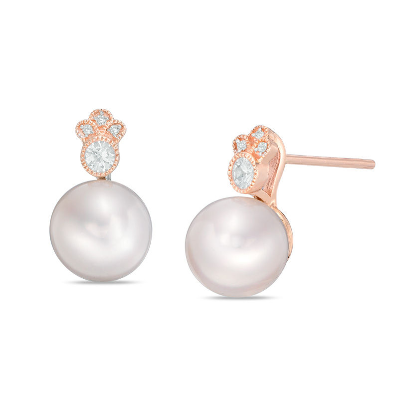 Cultured Freshwater Pearl, White Sapphire and Diamond Accent Vintage-Style Stud Earrings in 10K Rose Gold|Peoples Jewellers