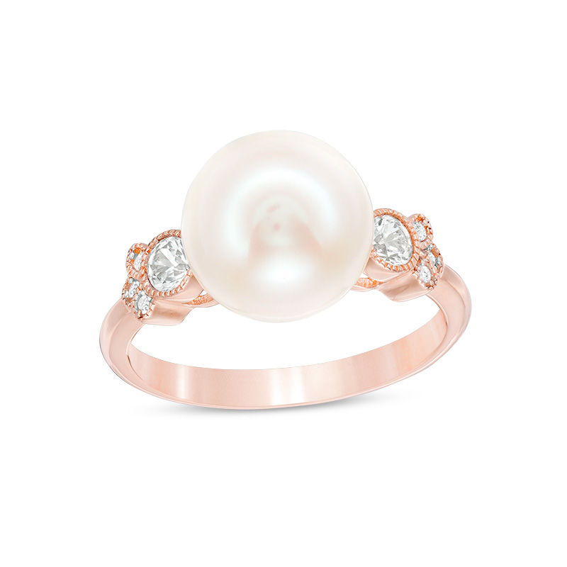 Cultured Freshwater Pearl, White Sapphire and Diamond Accent Vintage-Style Ring in 10K Rose Gold