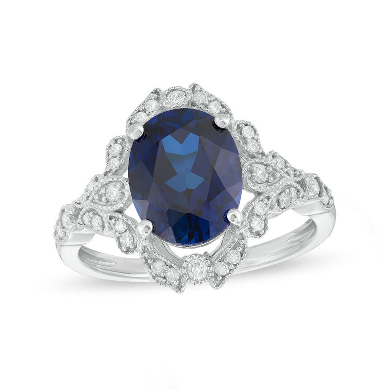 Oval Lab-Created Blue Sapphire and 0.20 CT. T.W. Diamond Vintage-Style Frame Ring in 10K White Gold