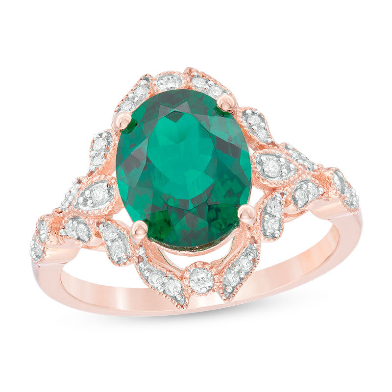 Oval Lab-Created Emerald and 0.20 CT. T.W. Diamond Vintage-Style Frame Ring in 10K Rose Gold