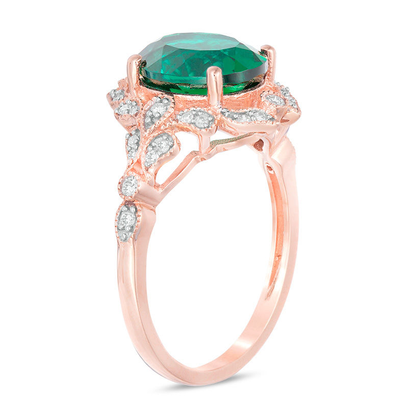 Main Image 2 of Oval Lab-Created Emerald and 0.20 CT. T.W. Diamond Vintage-Style Frame Ring in 10K Rose Gold