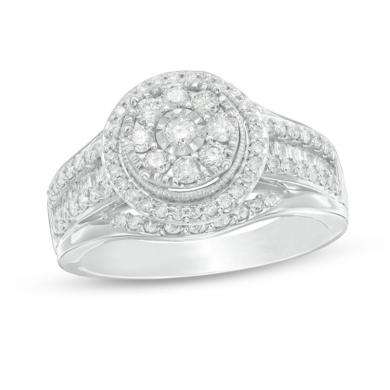 1.00 CT. T.W. Composite Diamond Frame Multi-Row Vintage-Style Engagement Ring in 10K White Gold