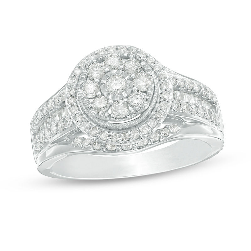 Main Image 1 of 1.00 CT. T.W. Composite Diamond Frame Multi-Row Vintage-Style Engagement Ring in 10K White Gold