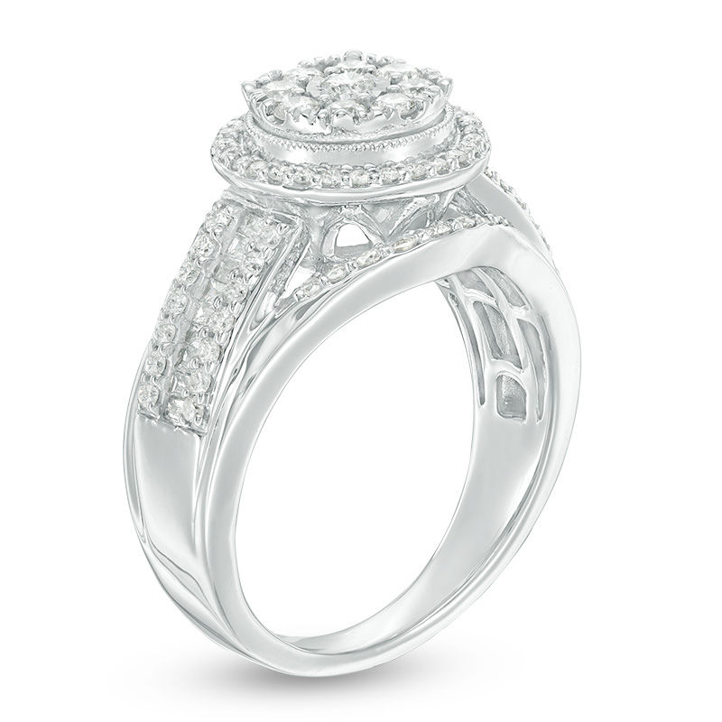1.00 CT. T.W. Composite Diamond Frame Multi-Row Vintage-Style Engagement Ring in 10K White Gold