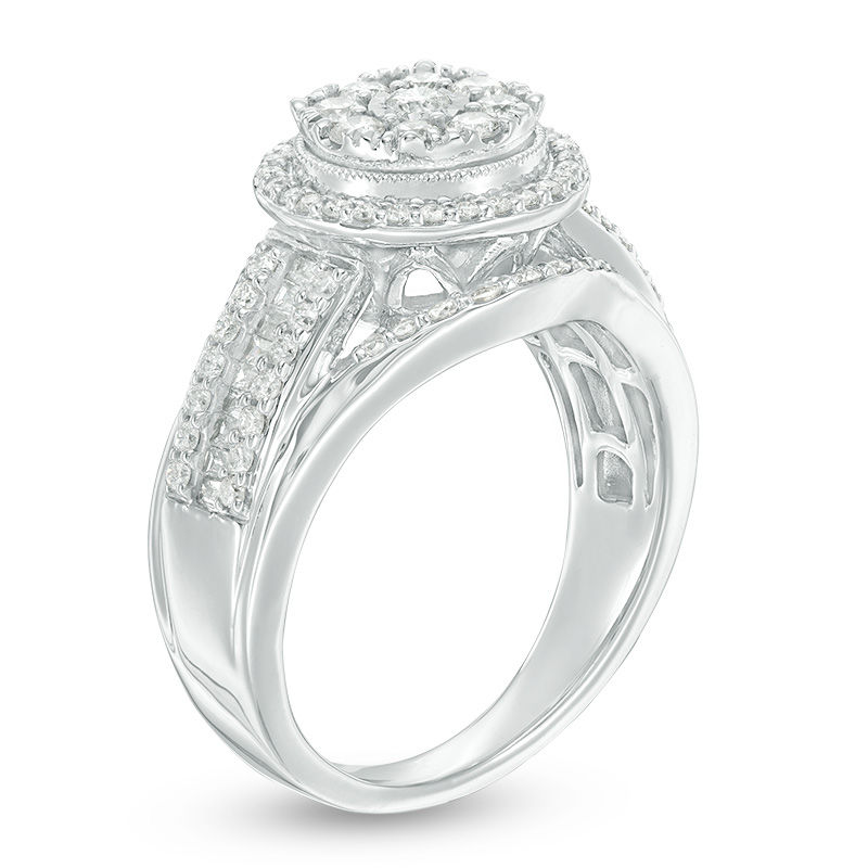 Main Image 2 of 1.00 CT. T.W. Composite Diamond Frame Multi-Row Vintage-Style Engagement Ring in 10K White Gold