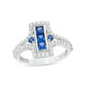 Thumbnail Image 0 of Lab-Created Blue and White Sapphire Linear Three Stone Split Shank Ring in Sterling Silver