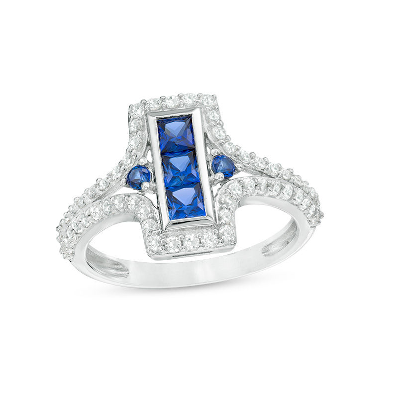 Lab-Created Blue and White Sapphire Linear Three Stone Split Shank Ring in Sterling Silver