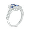 Thumbnail Image 1 of Lab-Created Blue and White Sapphire Linear Three Stone Split Shank Ring in Sterling Silver