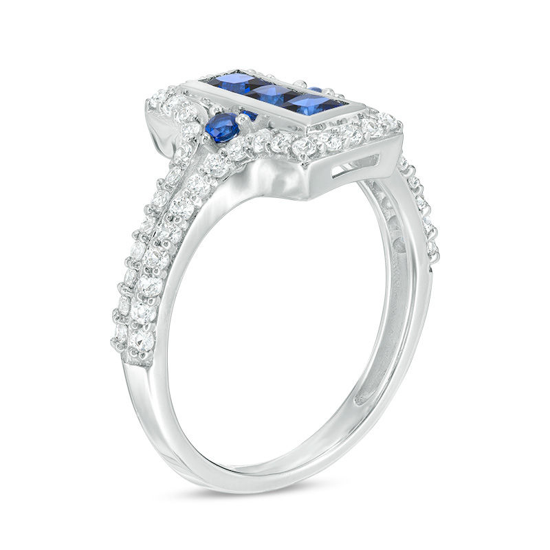 Lab-Created Blue and White Sapphire Linear Three Stone Split Shank Ring in Sterling Silver