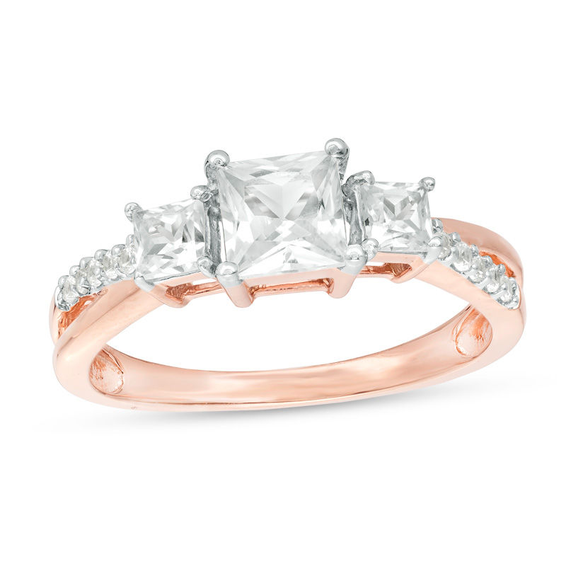 Princess-Cut Lab-Created White Sapphire Three Stone Engagement Ring in 10K Rose Gold|Peoples Jewellers