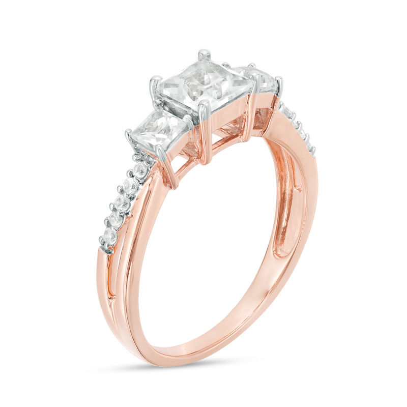 Main Image 2 of Princess-Cut Lab-Created White Sapphire Three Stone Engagement Ring in 10K Rose Gold