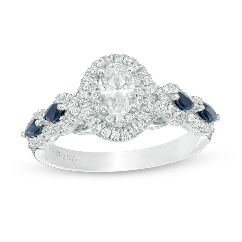 Vera Wang Love Collection 0.95 CT. T.W. Oval Diamond and Blue Sapphire Frame Engagement Ring in 14K White Gold