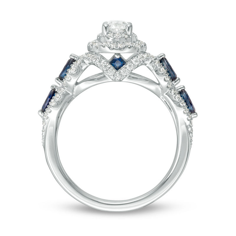 Vera Wang Love Collection 0.95 CT. T.W. Oval Diamond and Blue Sapphire Frame Engagement Ring in 14K White Gold
