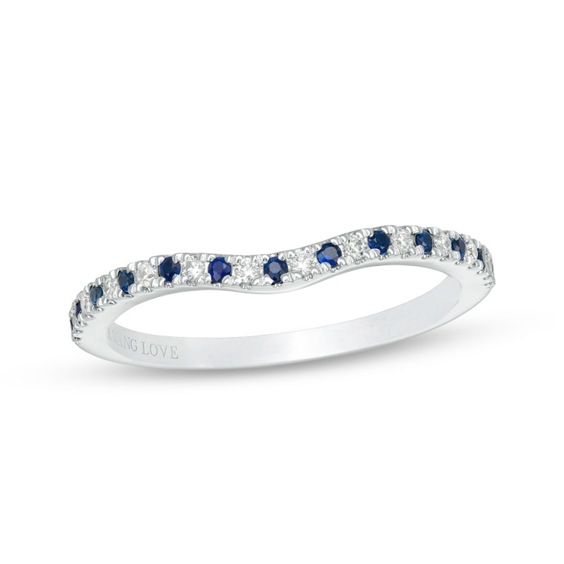 Main Image 1 of Vera Wang Love Collection Blue Sapphire and 0.07 CT. T.W. Diamond Contour Wedding Band in 14K White Gold
