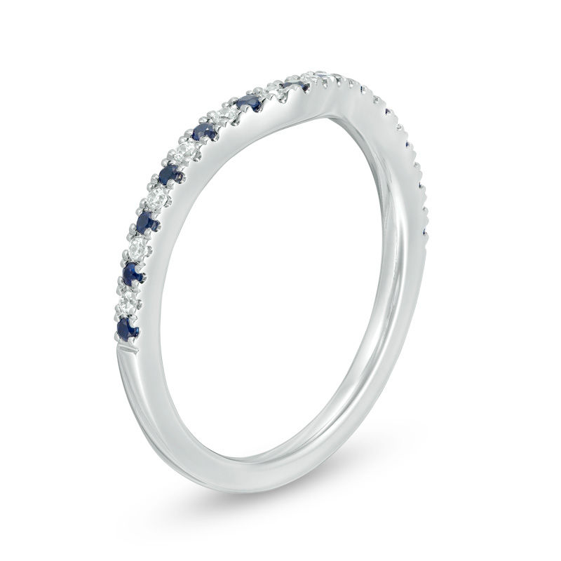 Vera Wang Love Collection Blue Sapphire and 0.07 CT. T.W. Diamond Contour Wedding Band in 14K White Gold