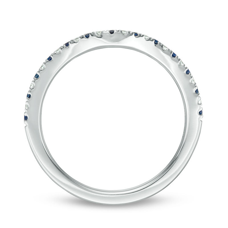 Vera Wang Love Collection Blue Sapphire and 0.07 CT. T.W. Diamond Contour Wedding Band in 14K White Gold