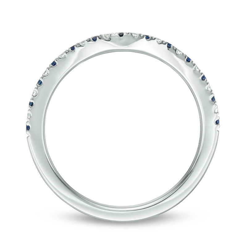 Main Image 3 of Vera Wang Love Collection Blue Sapphire and 0.07 CT. T.W. Diamond Contour Wedding Band in 14K White Gold